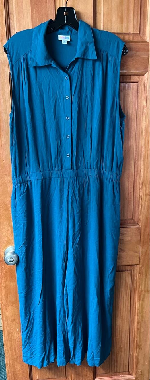 LuLaRoe Womens XL Teal Wide Leg Jumpsuit Sleeveless Button Front Flowy EUC